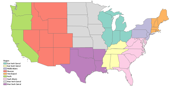 États américains symbolisés en fonction de leur région