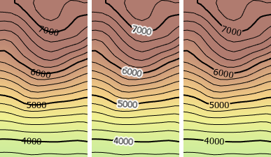 Trois vues de la même zone cartographique avec des isolignes et une annotation au-dessus d’un dégradé continu de teintes hypsométriques