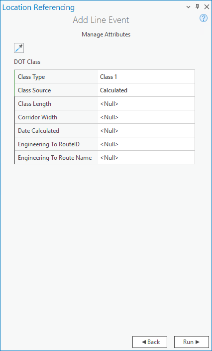 Page Manage Attributes (Gérer les attributs) dans la fenêtre Add Line Event (Ajouter un événement linéaire)