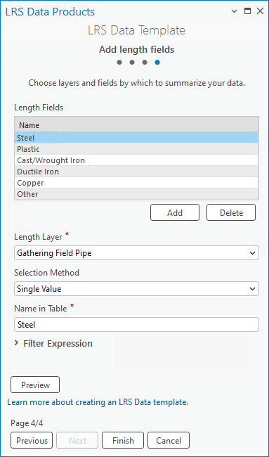 Plusieurs champs de longueur sont définis dans la quatrième fenêtre de l’assistant LRS Data Template (Modèle de données LRS).