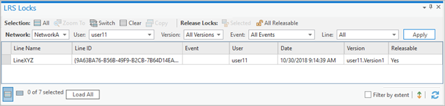 Table LRS Locks (Verrous LRS) après application du filtre