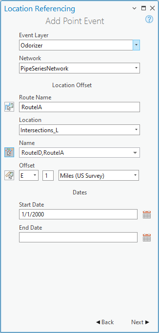 Méthode Location Offset (Décalage de la localisation) sélectionnée dans la fenêtre Add Point Event (Ajouter un événement ponctuel)