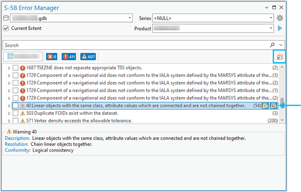 Remove all primitive and error geometries highlighted in the S-58 Error Manager pane.