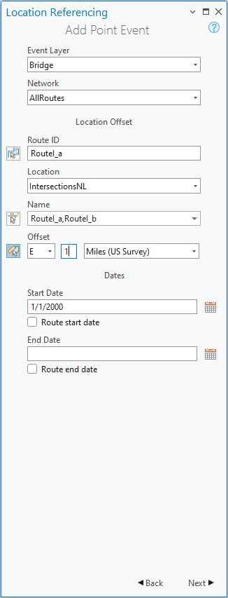 Méthode Location Offset (Décalage de la localisation) sélectionnée dans la fenêtre Add Point Event (Ajouter un événement ponctuel)