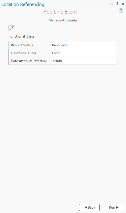 Page Manage Attributes (Gérer les attributs) dans la fenêtre Add Line Event (Ajouter un événement linéaire)