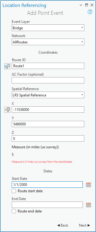 Méthode Coordinates (Coordonnées) sélectionnée dans la fenêtre Add Point Event (Ajouter un événement ponctuel)