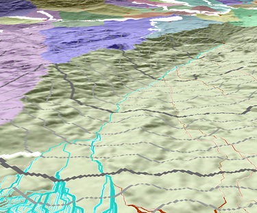 Vue 3D des chemins au coût similaire convergeant pour retourner à la source